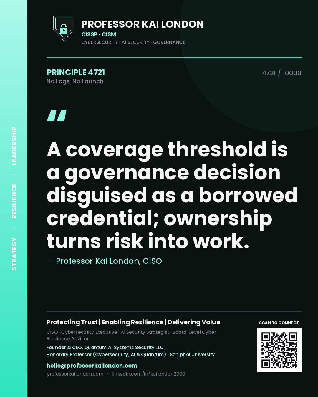 Quote card by Professor Kai London reading 'A coverage threshold is a governance decision disguised as a borrowed credential; ownership turns risk into work.'. From the book No Logs, No Launch.