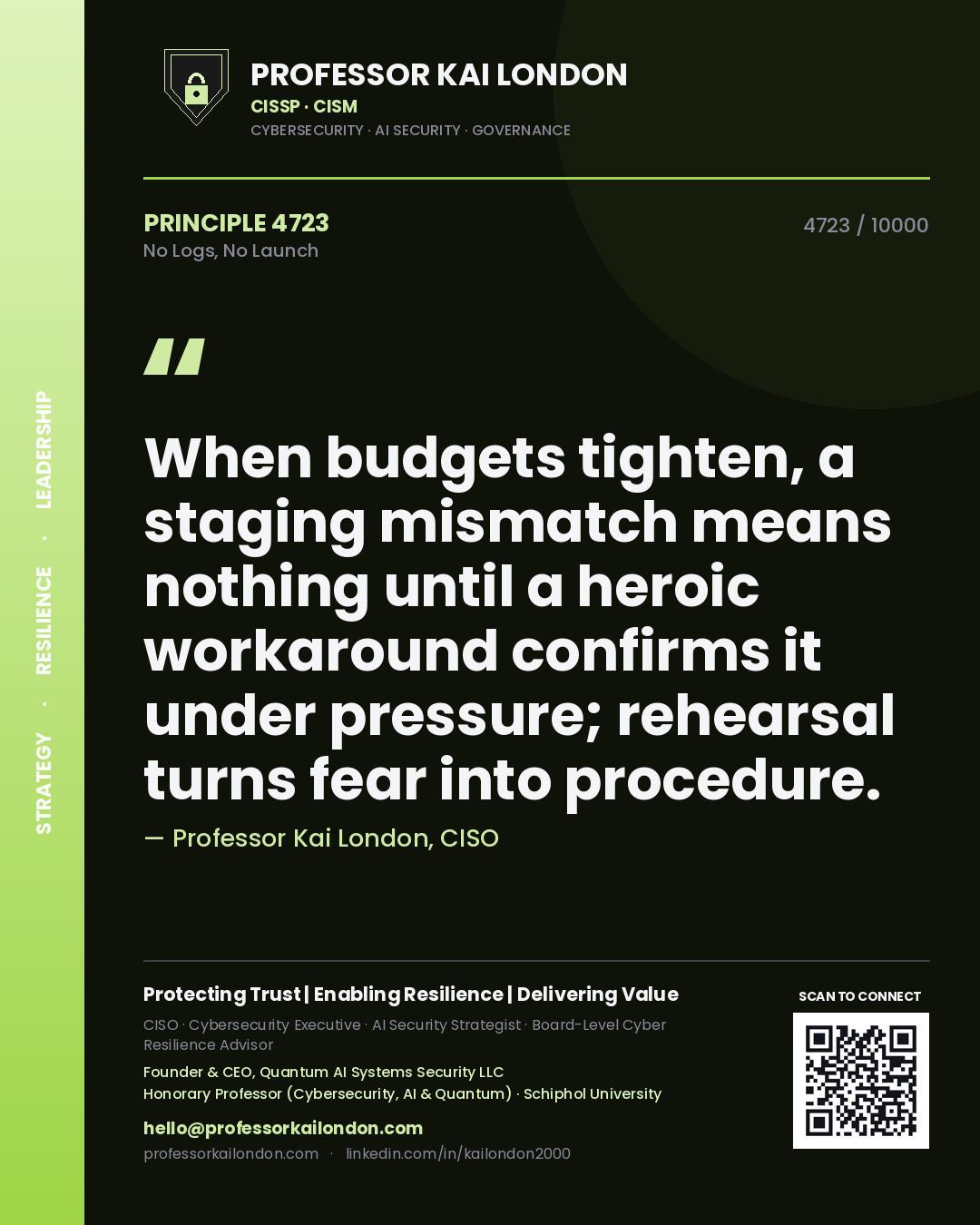 Quote card by Professor Kai London reading 'When budgets tighten, a staging mismatch means nothing until a heroic workaround confirms it under pressure; rehearsal turns fear into procedure.'. From the book No Logs, No Launch.