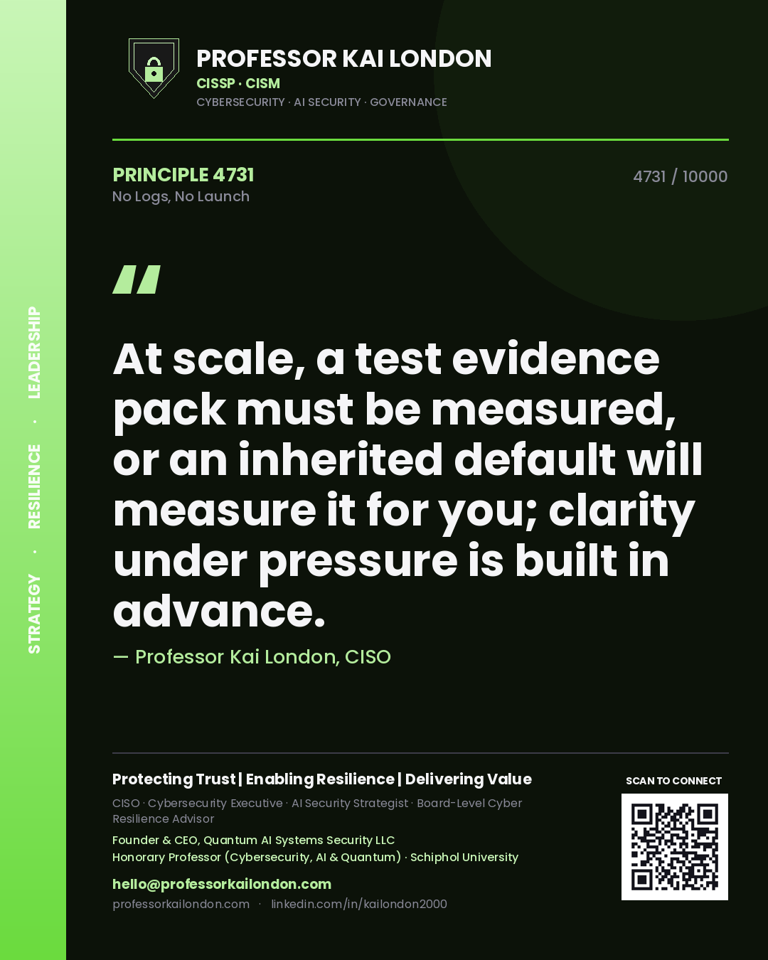 Quote card by Professor Kai London reading 'At scale, a test evidence pack must be measured, or an inherited default will measure it for you; clarity under pressure is built in advance.'. From the book No Logs, No Launch.