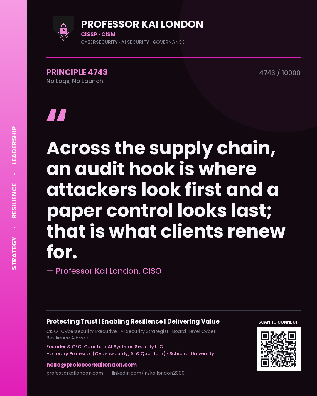Professor Kai London principle 4743: Across the supply chain, an audit hook is where attackers look first and a paper control looks last; that is what clients renew for.