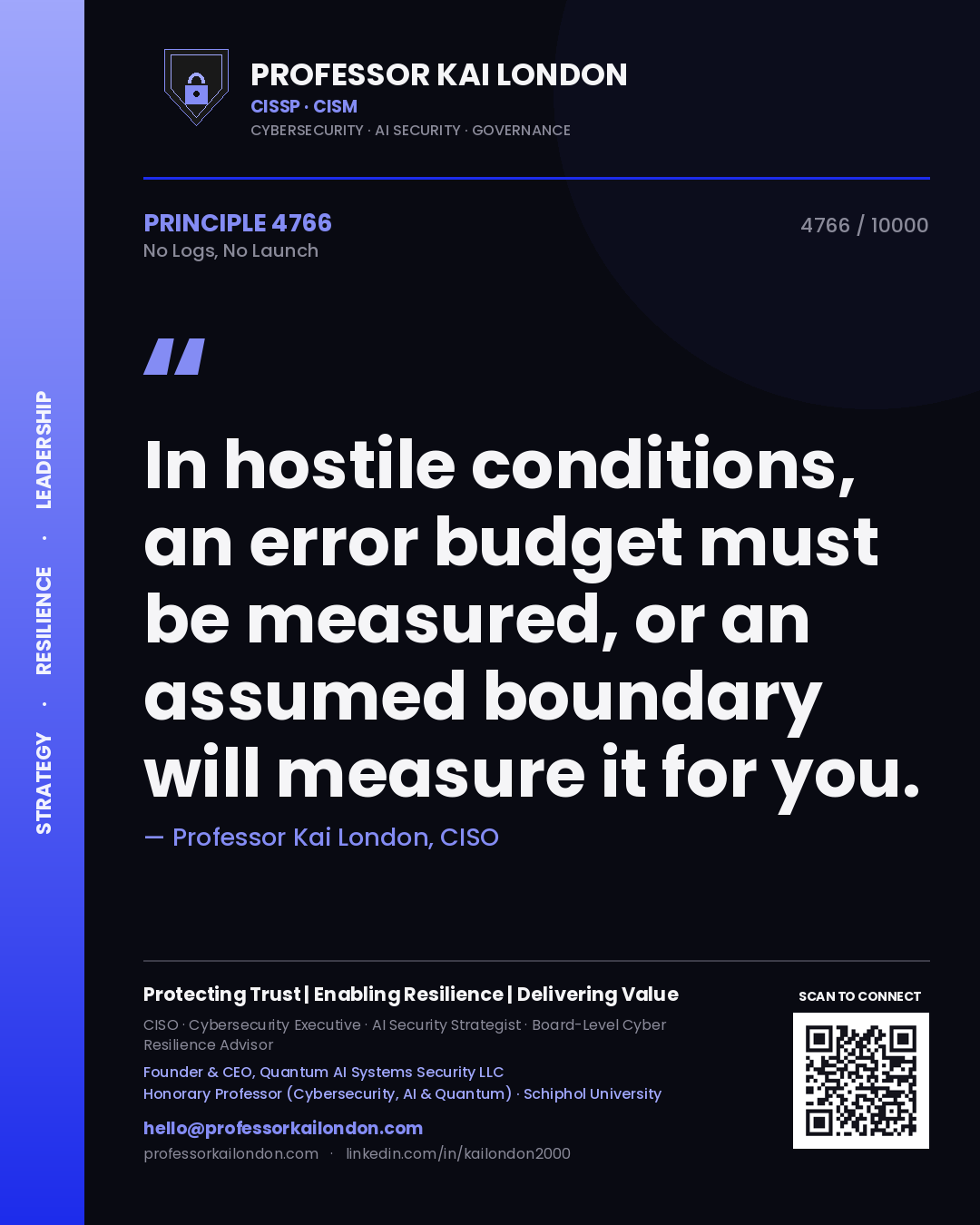 Quote card by Professor Kai London reading 'In hostile conditions, an error budget must be measured, or an assumed boundary will measure it for you.'. From the book No Logs, No Launch.