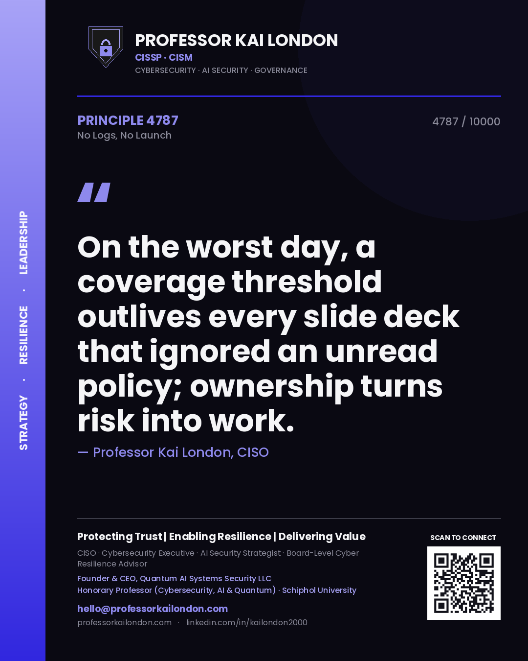 Quote card by Professor Kai London reading 'On the worst day, a coverage threshold outlives every slide deck that ignored an unread policy; ownership turns risk into work.'. From the book No Logs, No Launch.