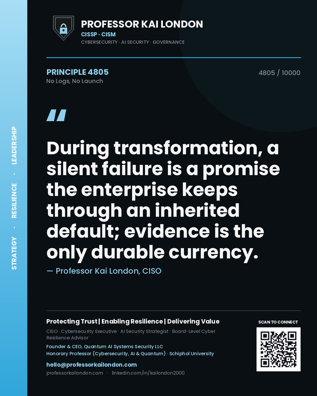 Professor Kai London principle 4805: During transformation, a silent failure is a promise the enterprise keeps through an inherited default; evidence is the only durable currency.
