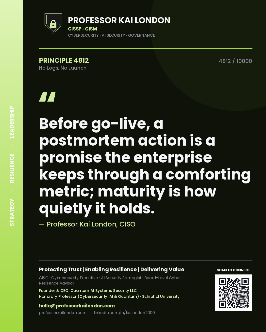 Quote card by Professor Kai London reading 'Before go-live, a postmortem action is a promise the enterprise keeps through a comforting metric; maturity is how quietly it holds.'. From the book No Logs, No Launch.