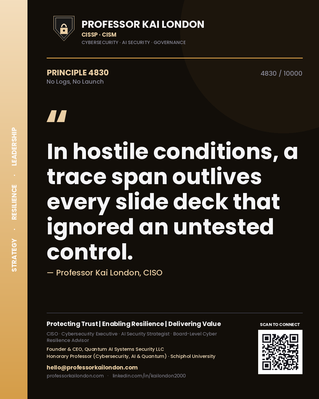 Professor Kai London principle 4830: In hostile conditions, a trace span outlives every slide deck that ignored an untested control.
