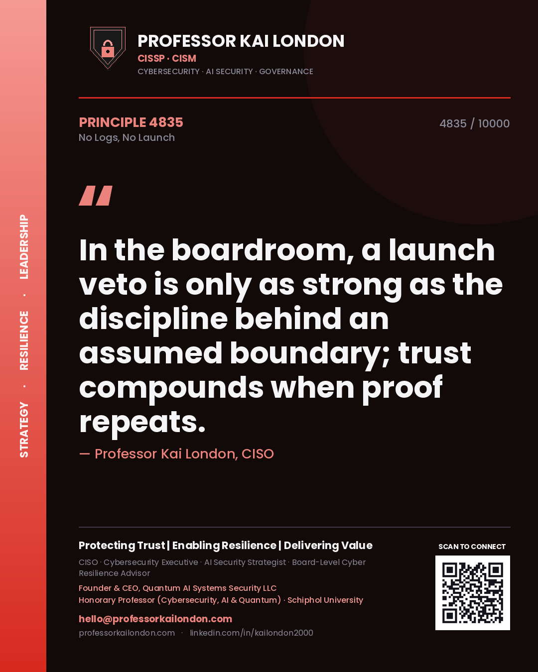 Quote card by Professor Kai London reading 'In the boardroom, a launch veto is only as strong as the discipline behind an assumed boundary; trust compounds when proof repeats.'. From the book No Logs, No Launch.