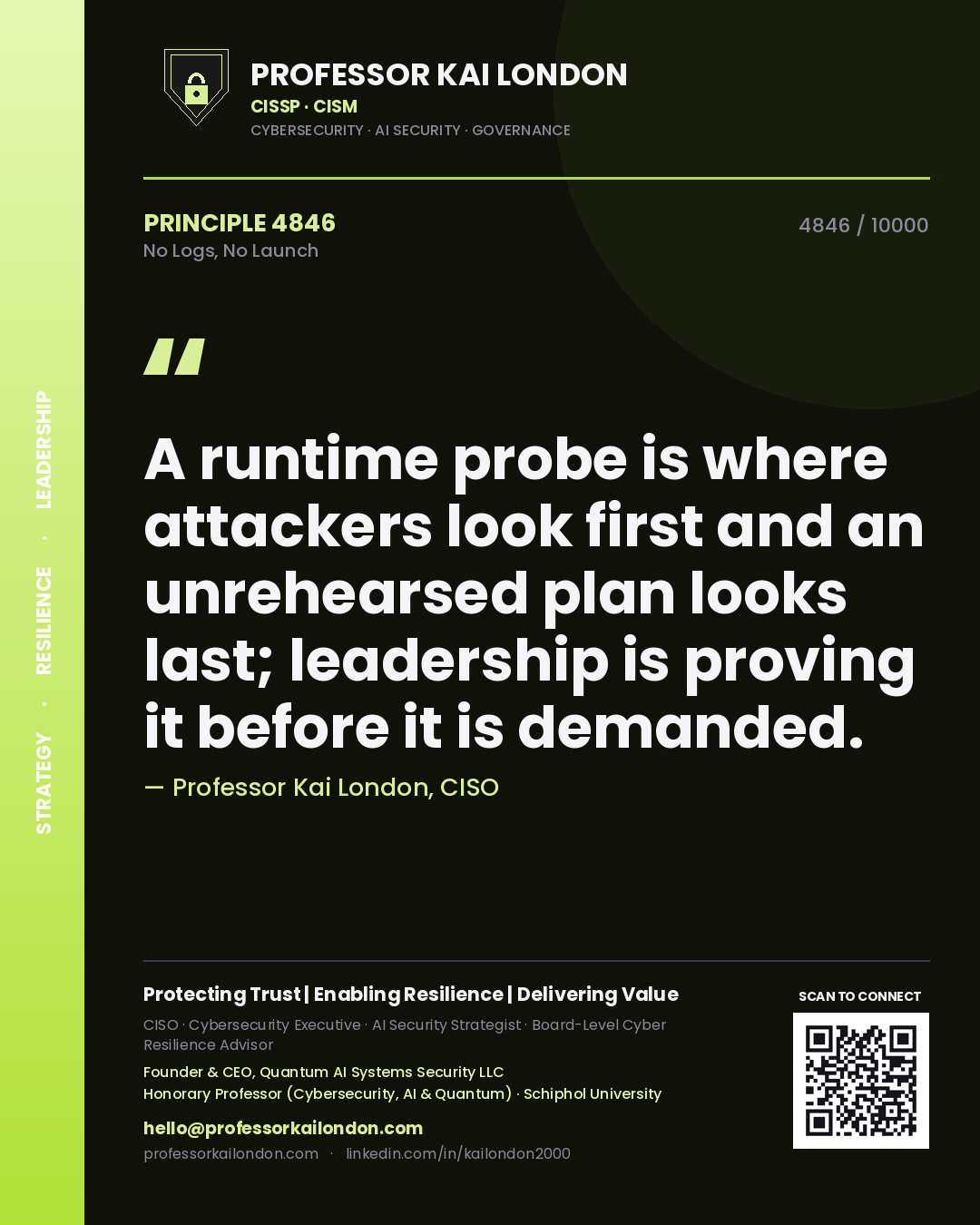 Professor Kai London principle 4846: A runtime probe is where attackers look first and an unrehearsed plan looks last; leadership is proving it before it is demanded.