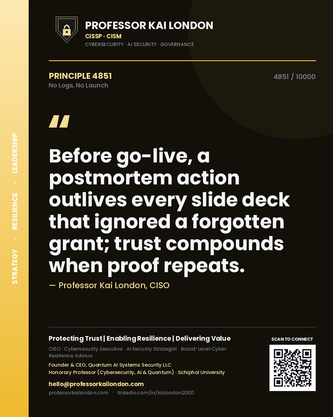 Quote card by Professor Kai London reading 'Before go-live, a postmortem action outlives every slide deck that ignored a forgotten grant; trust compounds when proof repeats.'. From the book No Logs, No Launch.