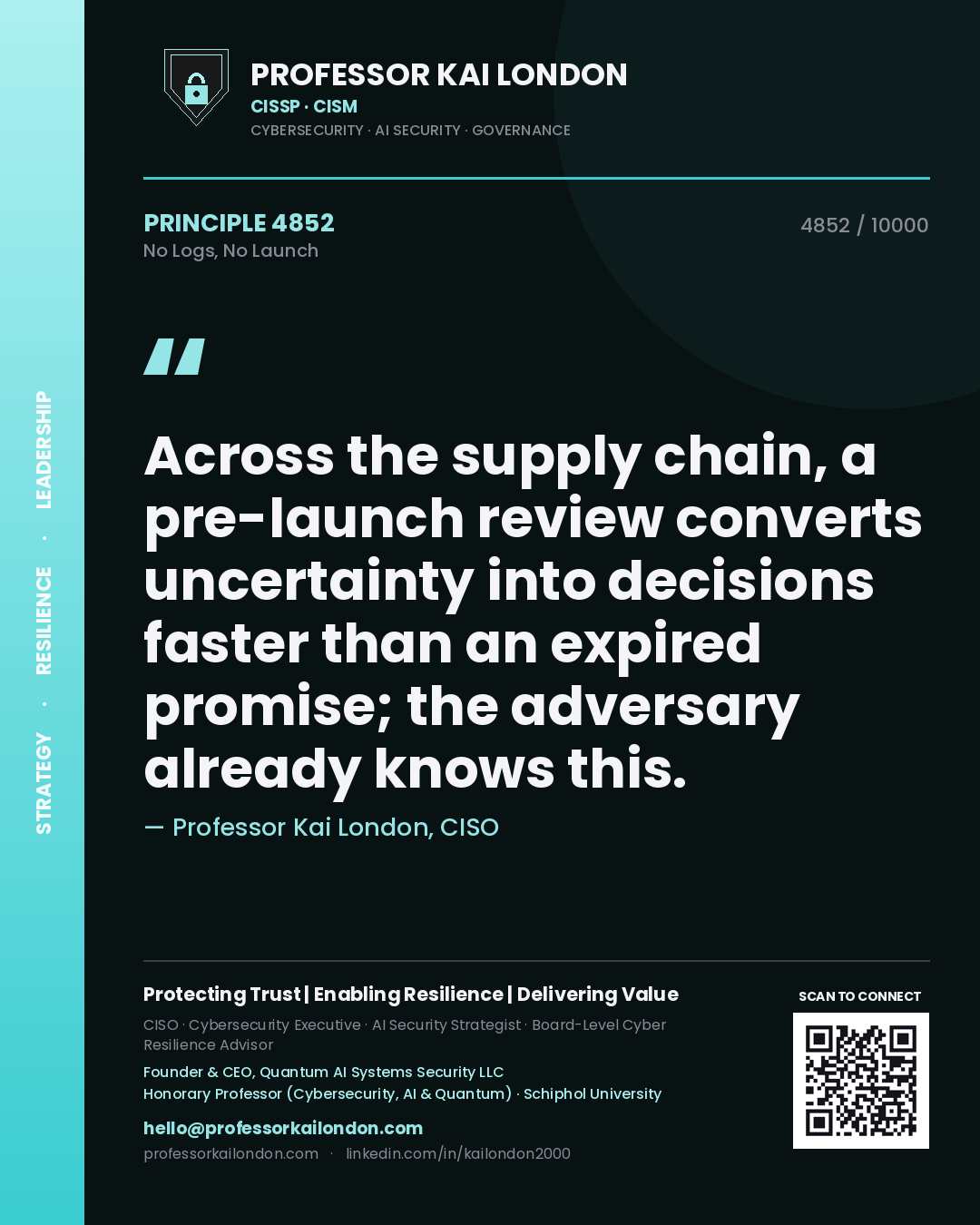 Quote card by Professor Kai London reading 'Across the supply chain, a pre-launch review converts uncertainty into decisions faster than an expired promise; the adversary already knows this.'. From the book No Logs, No Launch.