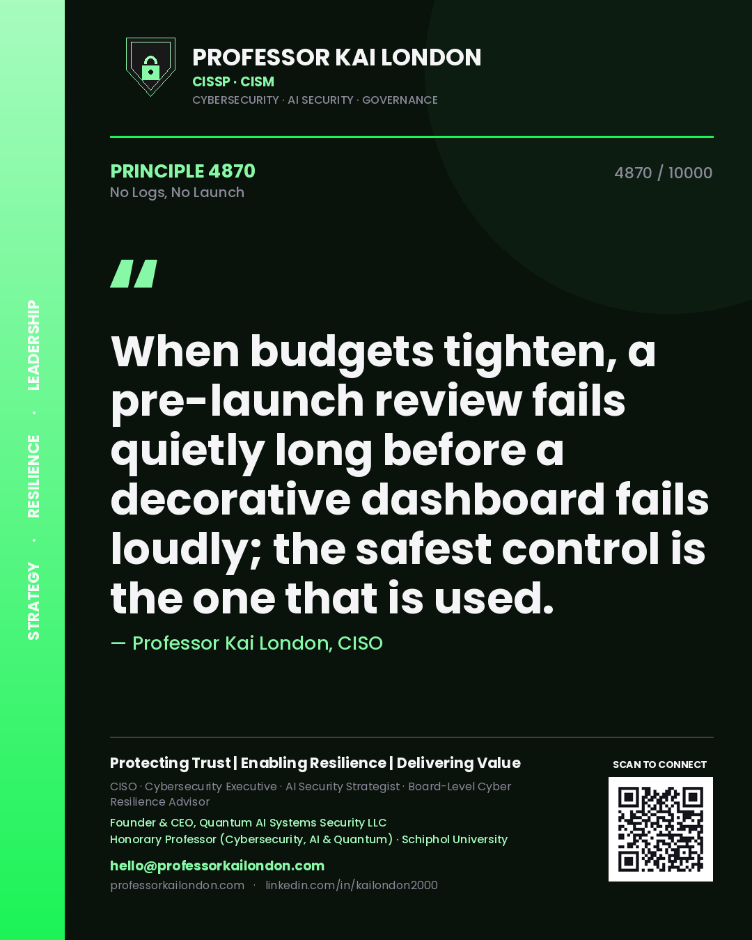 Professor Kai London principle 4870: When budgets tighten, a pre-launch review fails quietly long before a decorative dashboard fails loudly; the safest control is the one that is used.