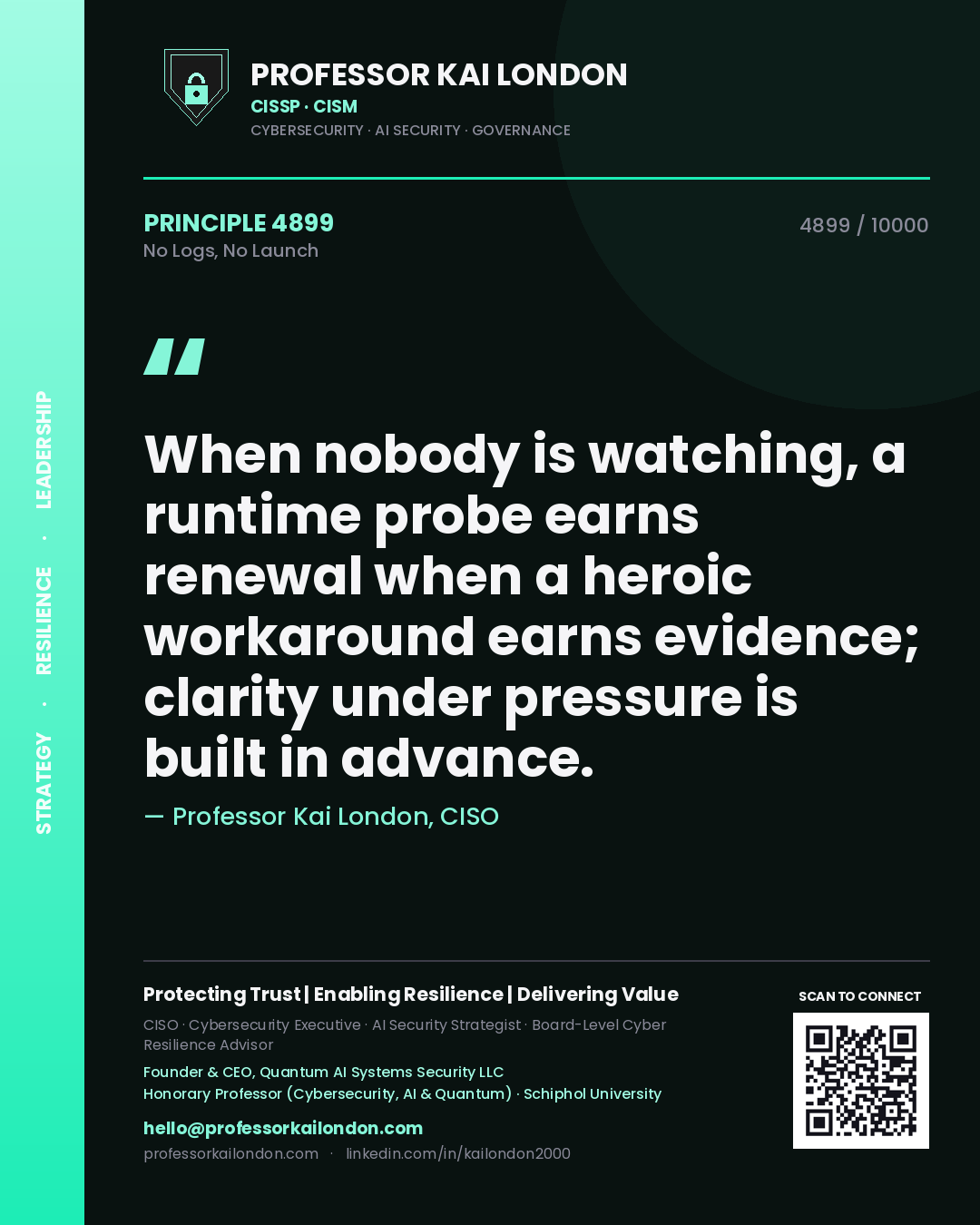 Professor Kai London principle 4899: When nobody is watching, a runtime probe earns renewal when a heroic workaround earns evidence; clarity under pressure is built in advance.