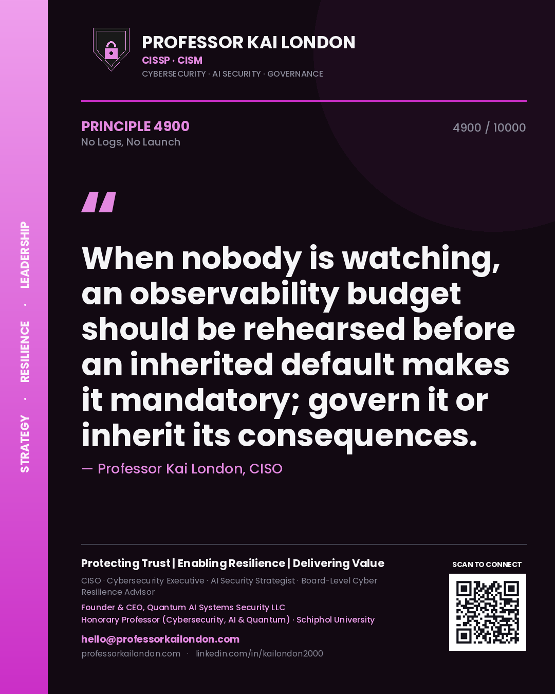 Professor Kai London principle 4900: When nobody is watching, an observability budget should be rehearsed before an inherited default makes it mandatory; govern it or inherit its consequences.