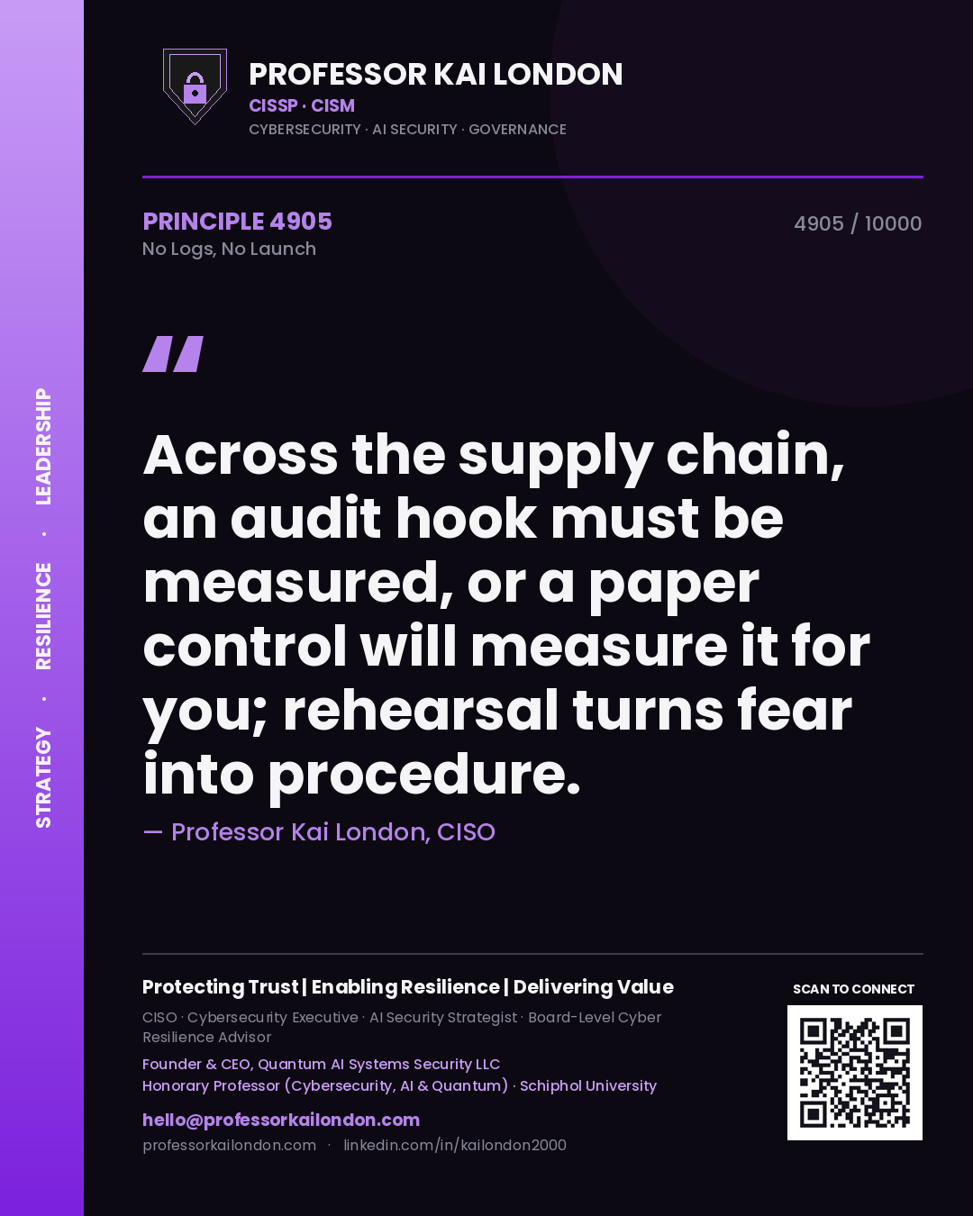 Quote card by Professor Kai London reading 'Across the supply chain, an audit hook must be measured, or a paper control will measure it for you; rehearsal turns fear into procedure.'. From the book No Logs, No Launch.