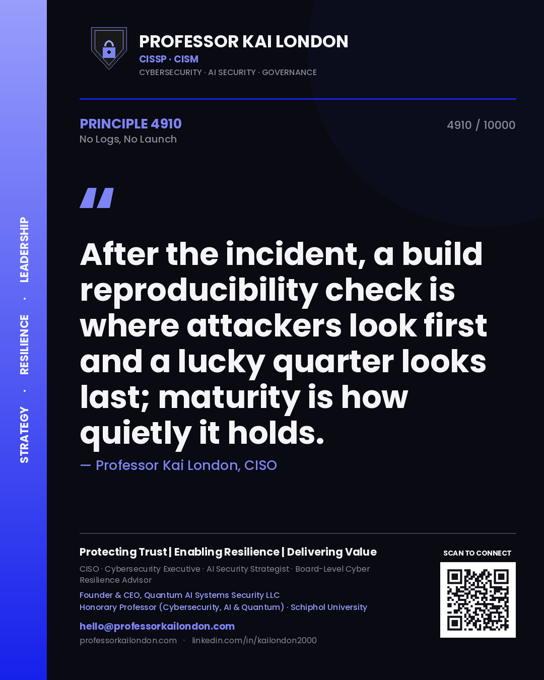Quote card by Professor Kai London reading 'After the incident, a build reproducibility check is where attackers look first and a lucky quarter looks last; maturity is how quietly it holds.'. From the book No Logs, No Launch.