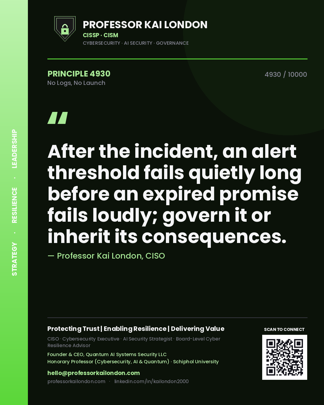 Professor Kai London principle 4930: After the incident, an alert threshold fails quietly long before an expired promise fails loudly; govern it or inherit its consequences.