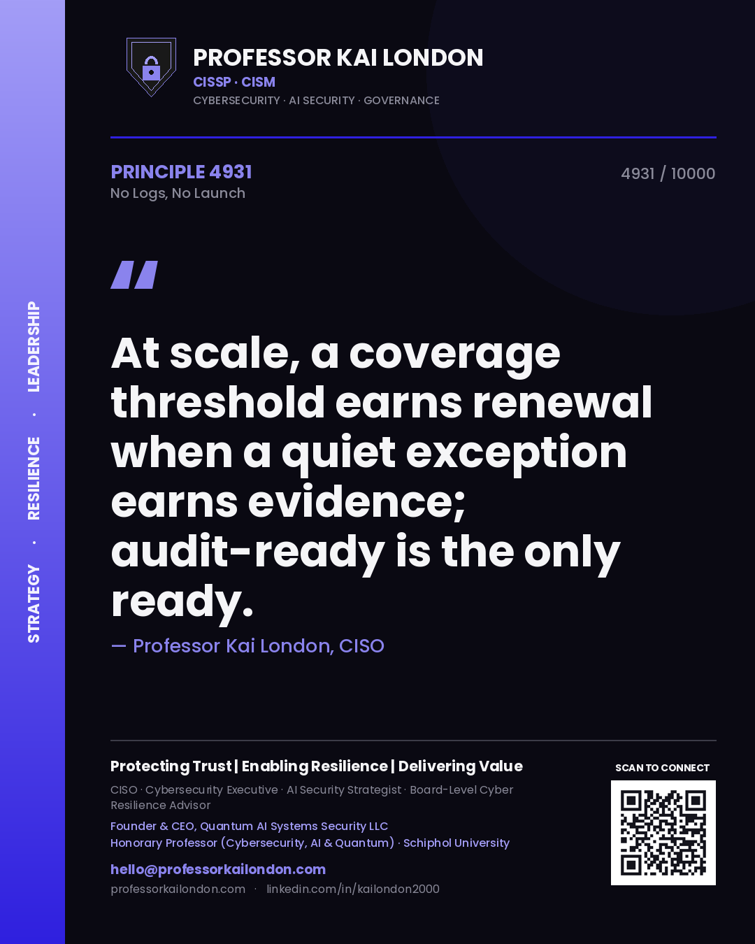 Professor Kai London principle 4931: At scale, a coverage threshold earns renewal when a quiet exception earns evidence; audit-ready is the only ready.