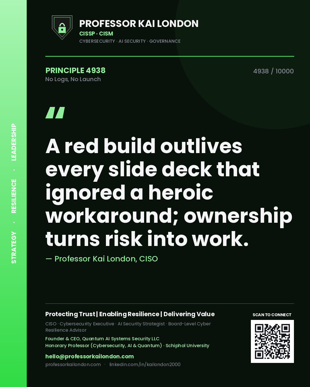 Quote card by Professor Kai London reading 'A red build outlives every slide deck that ignored a heroic workaround; ownership turns risk into work.'. From the book No Logs, No Launch.