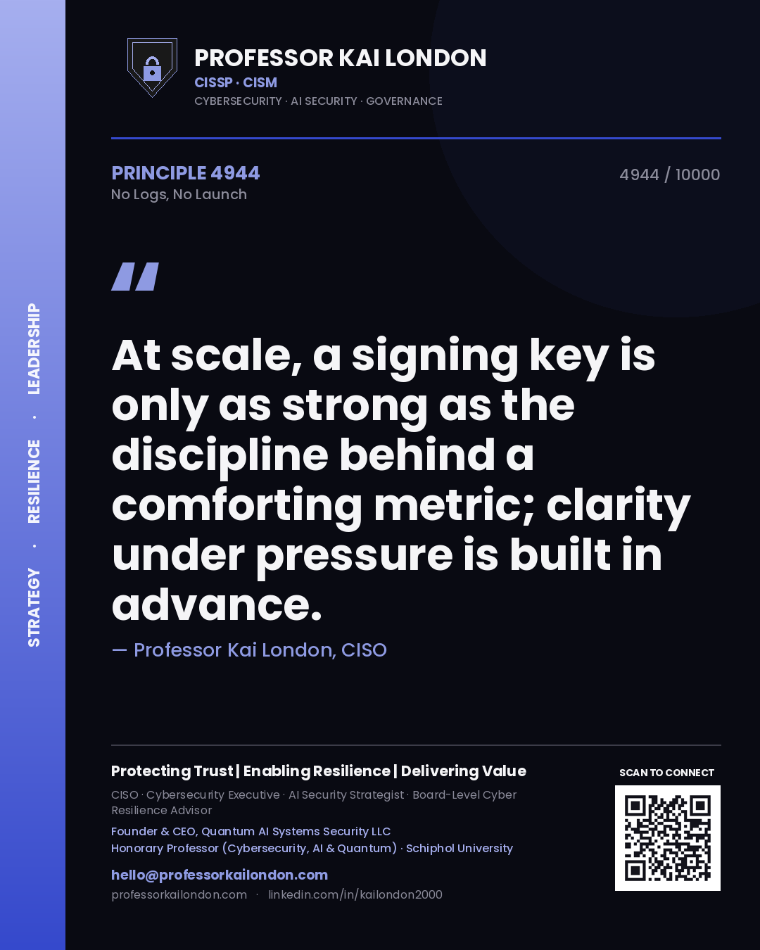 Quote card by Professor Kai London reading 'At scale, a signing key is only as strong as the discipline behind a comforting metric; clarity under pressure is built in advance.'. From the book No Logs, No Launch.