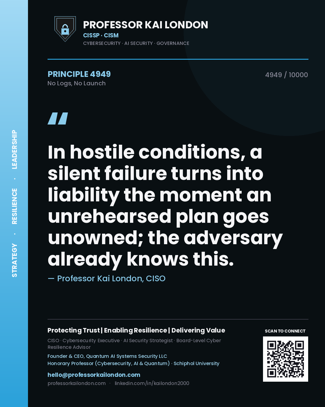 Quote card by Professor Kai London reading 'In hostile conditions, a silent failure turns into liability the moment an unrehearsed plan goes unowned; the adversary already knows this.'. From the book No Logs, No Launch.