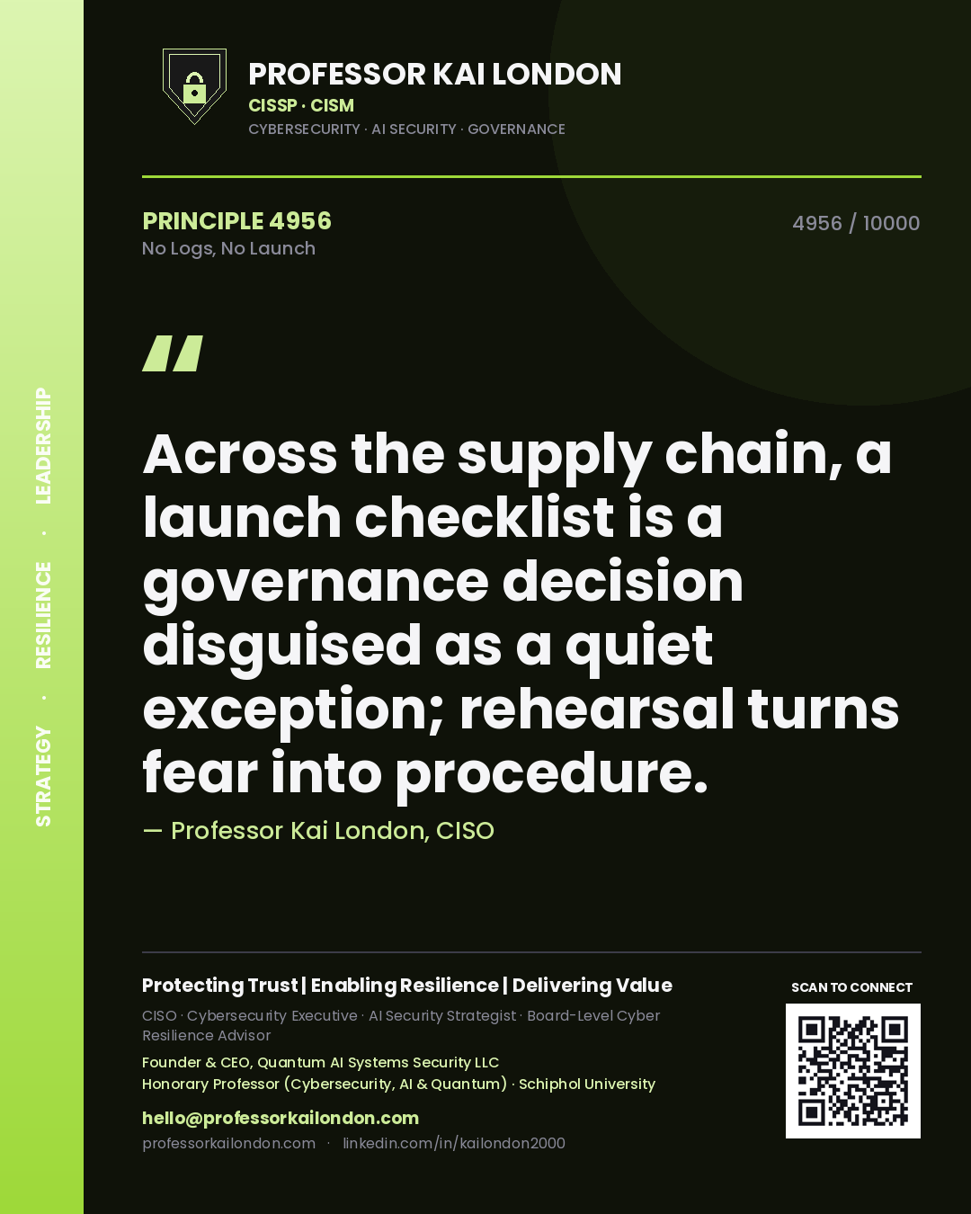 Quote card by Professor Kai London reading 'Across the supply chain, a launch checklist is a governance decision disguised as a quiet exception; rehearsal turns fear into procedure.'. From the book No Logs, No Launch.