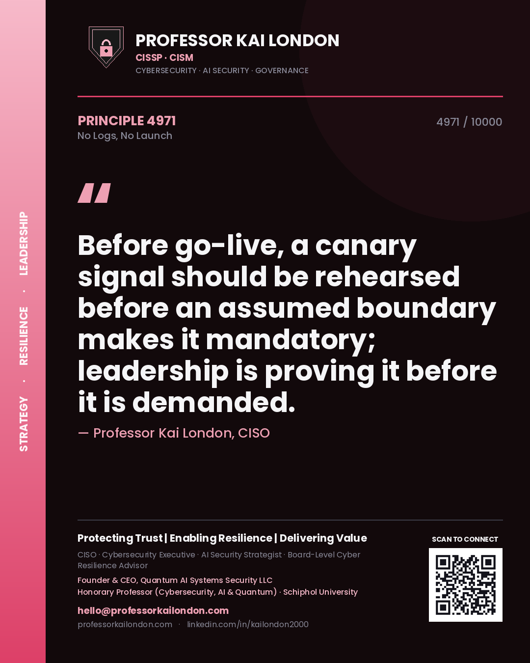 Professor Kai London principle 4971: Before go-live, a canary signal should be rehearsed before an assumed boundary makes it mandatory; leadership is proving it before it is demanded.