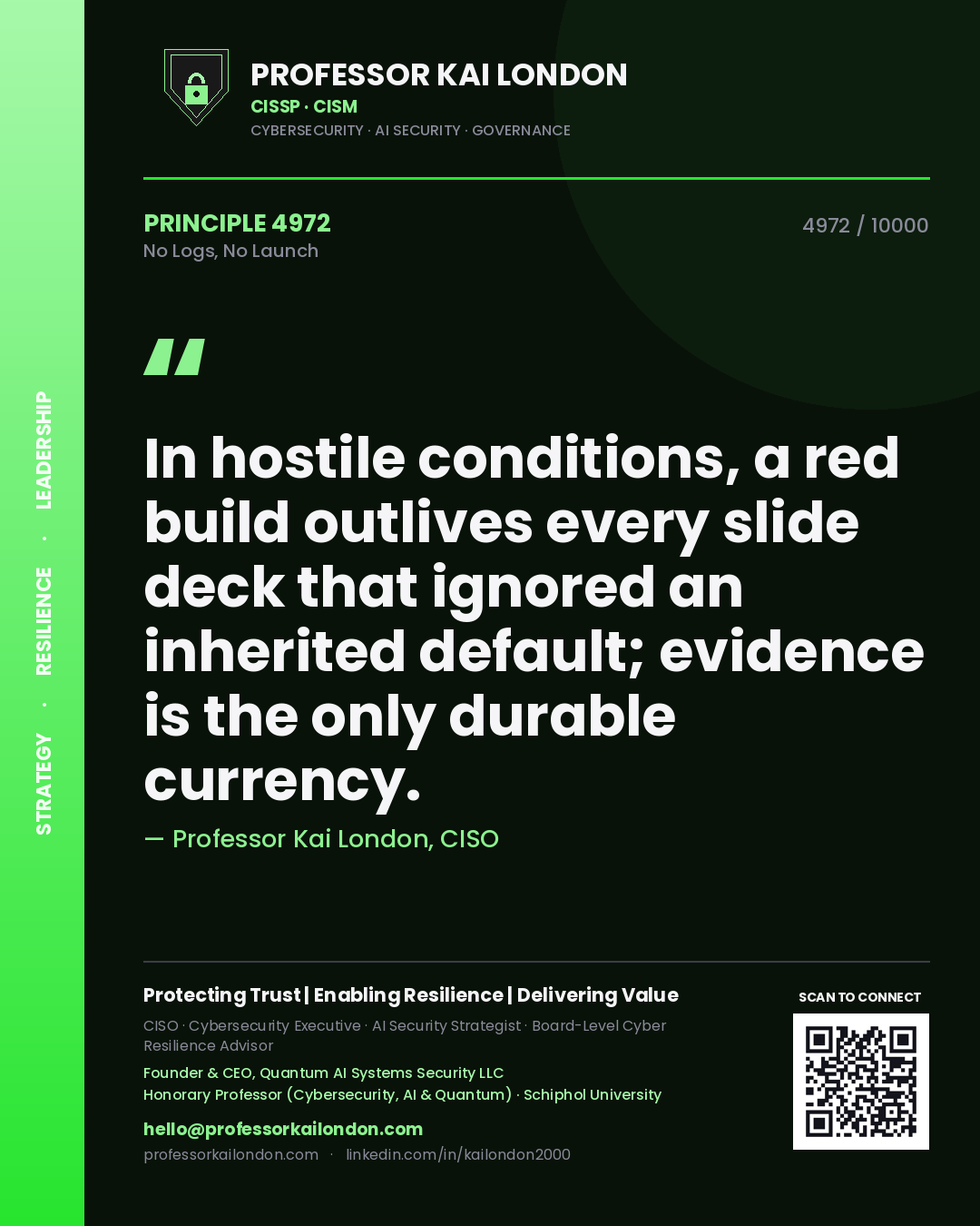 Quote card by Professor Kai London reading 'In hostile conditions, a red build outlives every slide deck that ignored an inherited default; evidence is the only durable currency.'. From the book No Logs, No Launch.