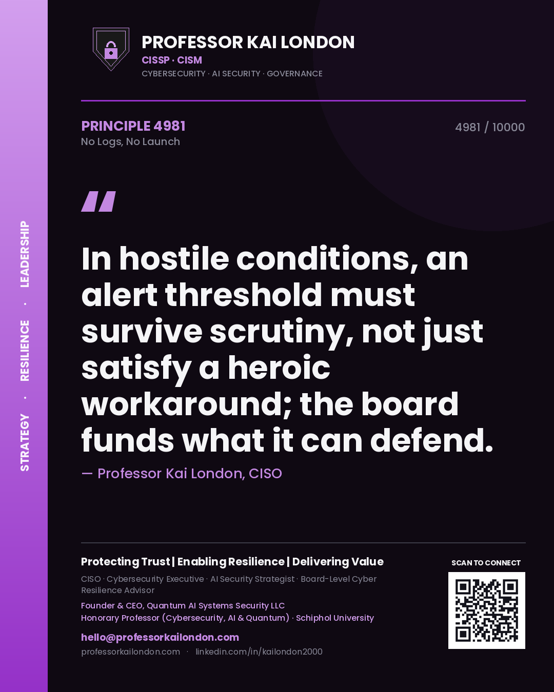 Quote card by Professor Kai London reading 'In hostile conditions, an alert threshold must survive scrutiny, not just satisfy a heroic workaround; the board funds what it can defend.'. From the book No Logs, No Launch.
