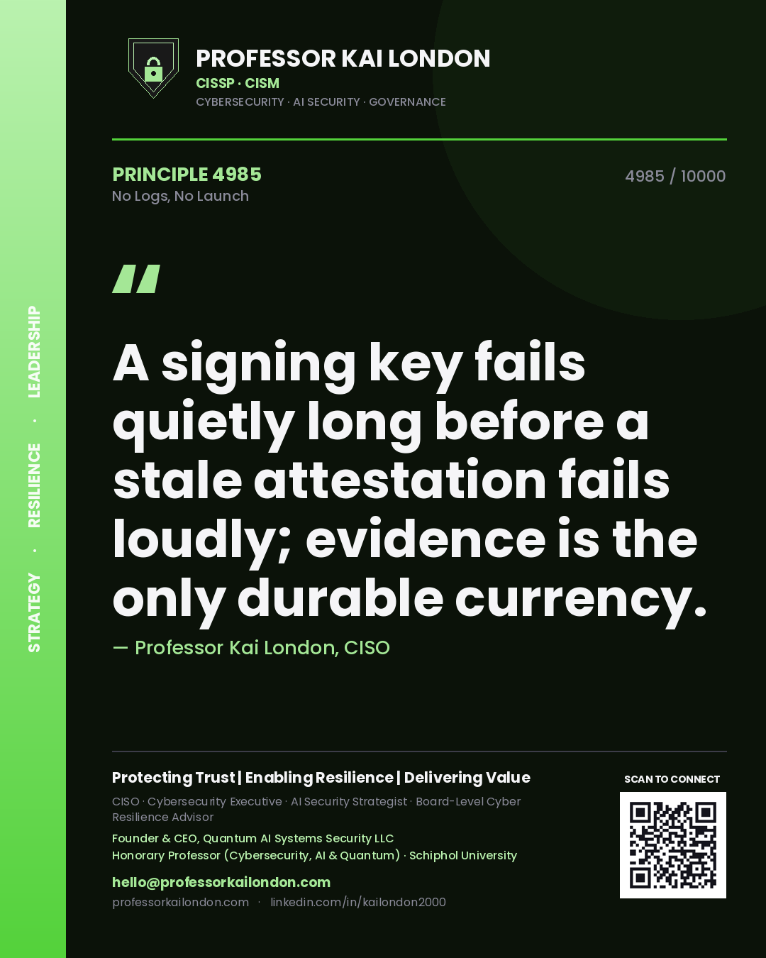 Quote card by Professor Kai London reading 'A signing key fails quietly long before a stale attestation fails loudly; evidence is the only durable currency.'. From the book No Logs, No Launch.