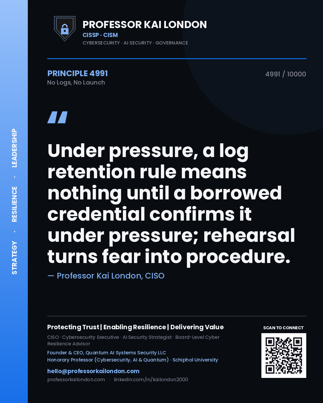 Quote card by Professor Kai London reading 'Under pressure, a log retention rule means nothing until a borrowed credential confirms it under pressure; rehearsal turns fear into procedure.'. From the book No Logs, No Launch.