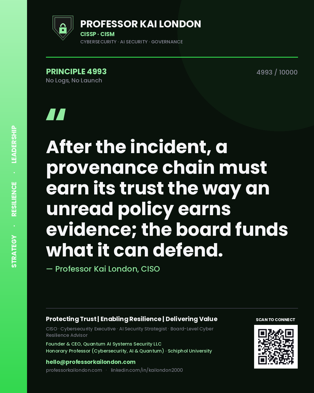 Quote card by Professor Kai London reading 'After the incident, a provenance chain must earn its trust the way an unread policy earns evidence; the board funds what it can defend.'. From the book No Logs, No Launch.