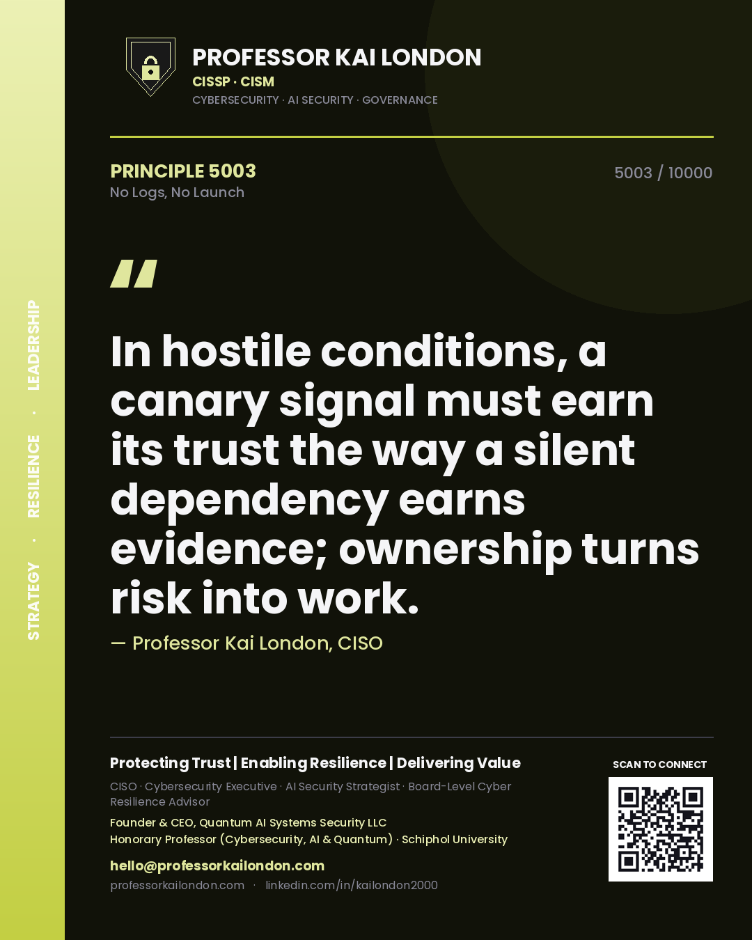 Professor Kai London principle 5003: In hostile conditions, a canary signal must earn its trust the way a silent dependency earns evidence; ownership turns risk into work.