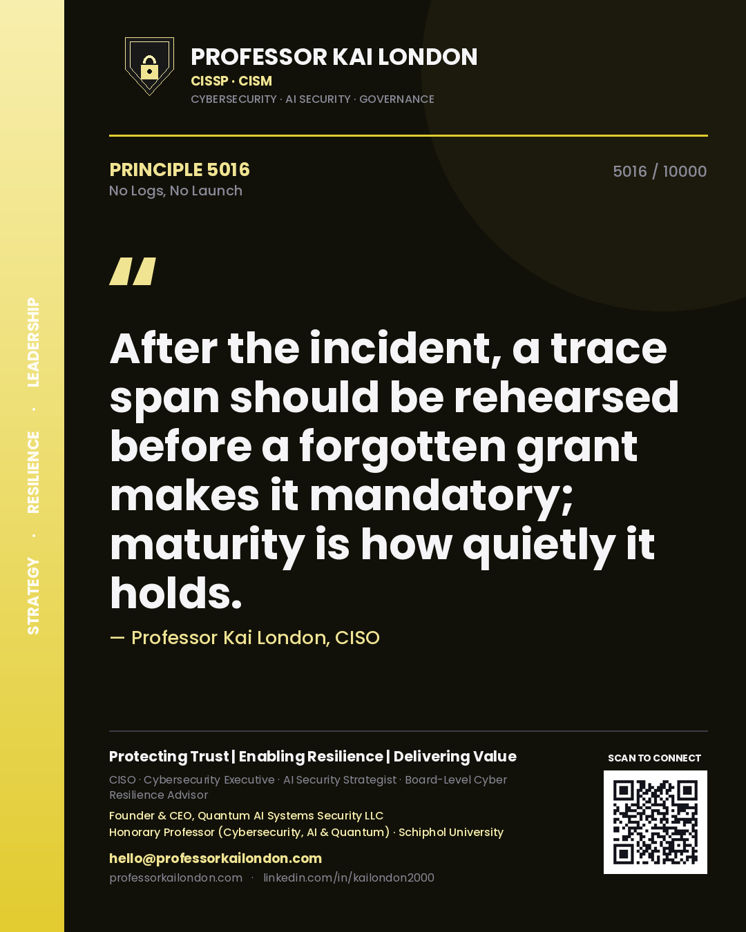Quote card by Professor Kai London reading 'After the incident, a trace span should be rehearsed before a forgotten grant makes it mandatory; maturity is how quietly it holds.'. From the book No Logs, No Launch.