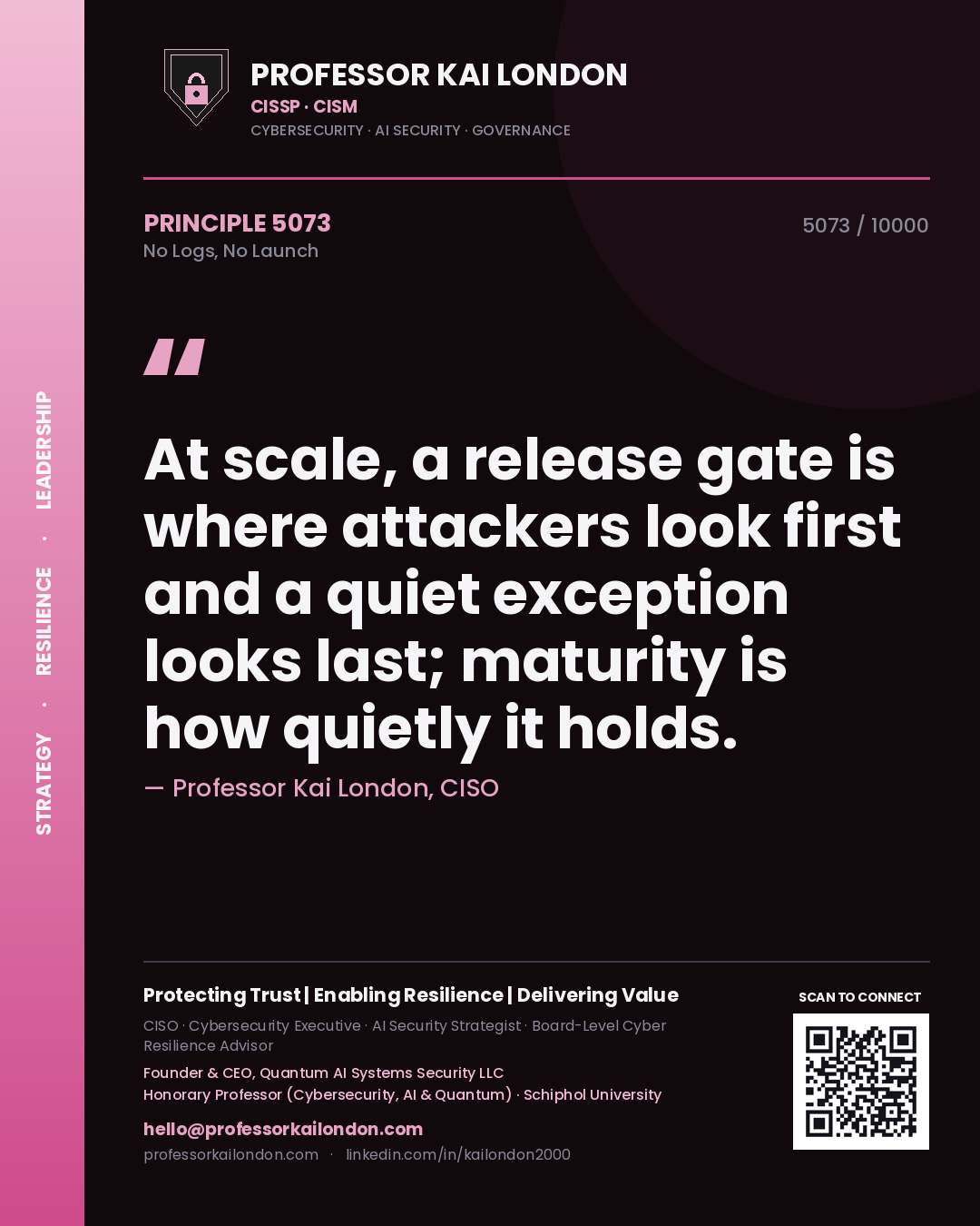 Professor Kai London principle 5073: At scale, a release gate is where attackers look first and a quiet exception looks last; maturity is how quietly it holds.