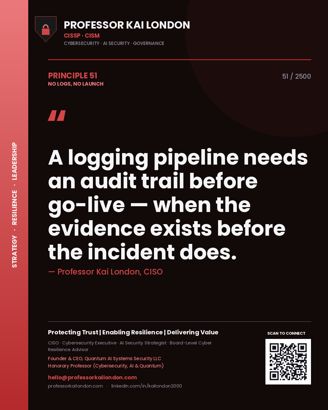Quote card by Professor Kai London reading 'A logging pipeline needs an audit trail before go-live — when the evidence exists before the incident does.'. From the book No Logs, No Launch.