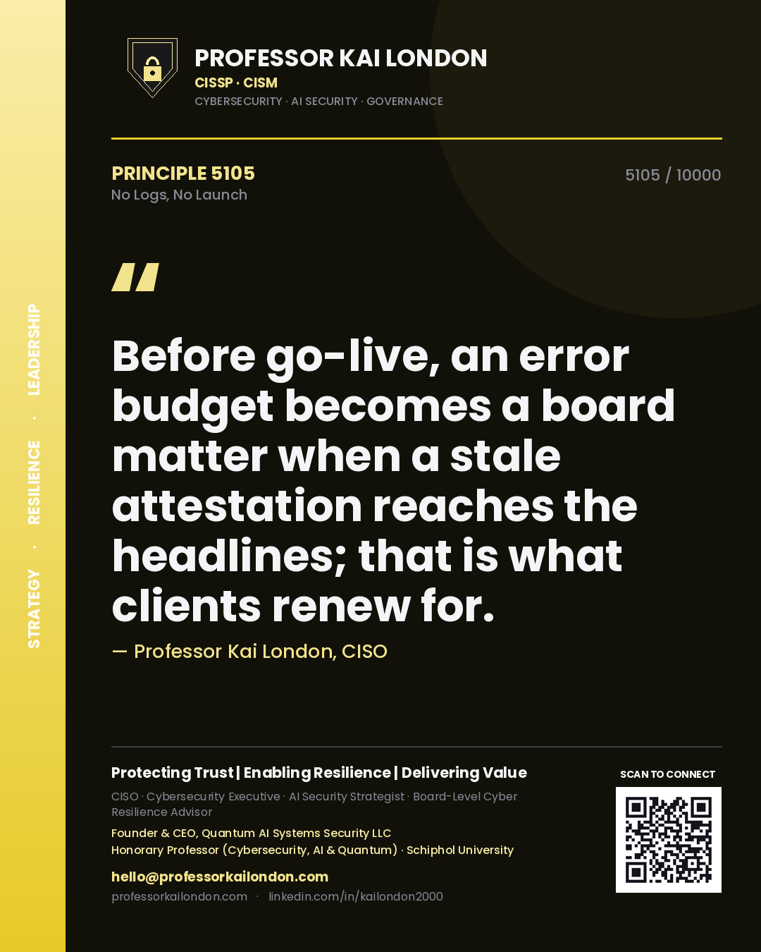 Professor Kai London principle 5105: Before go-live, an error budget becomes a board matter when a stale attestation reaches the headlines; that is what clients renew for.