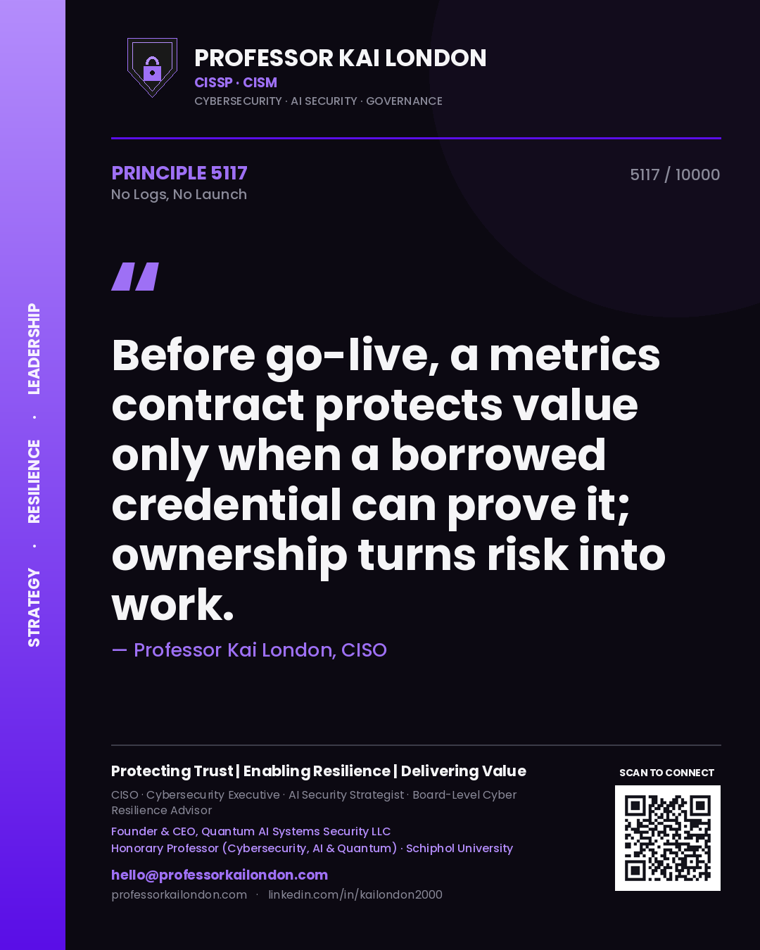 Quote card by Professor Kai London reading 'Before go-live, a metrics contract protects value only when a borrowed credential can prove it; ownership turns risk into work.'. From the book No Logs, No Launch.