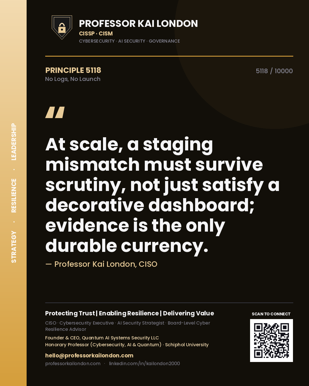 Quote card by Professor Kai London reading 'At scale, a staging mismatch must survive scrutiny, not just satisfy a decorative dashboard; evidence is the only durable currency.'. From the book No Logs, No Launch.