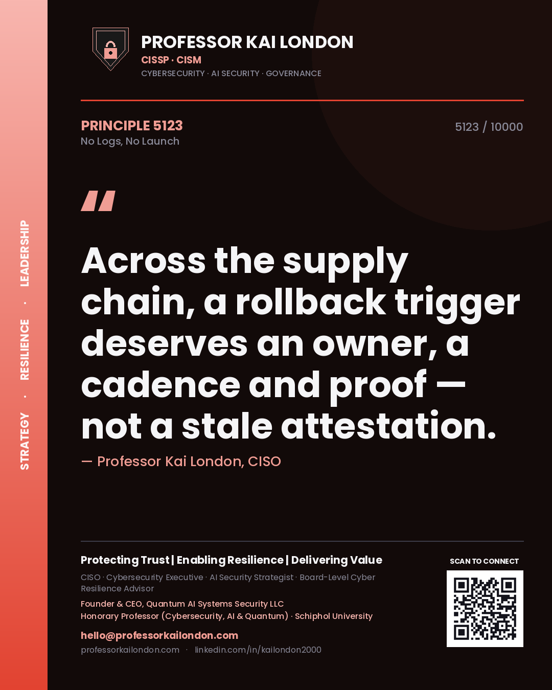 Quote card by Professor Kai London reading 'Across the supply chain, a rollback trigger deserves an owner, a cadence and proof — not a stale attestation.'. From the book No Logs, No Launch.