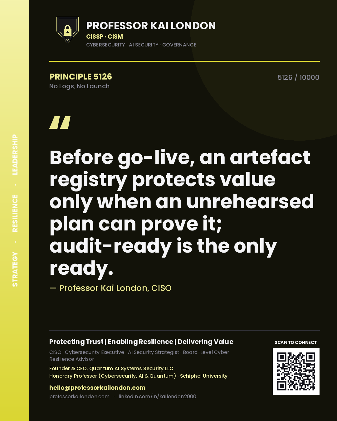 Quote card by Professor Kai London reading 'Before go-live, an artefact registry protects value only when an unrehearsed plan can prove it; audit-ready is the only ready.'. From the book No Logs, No Launch.
