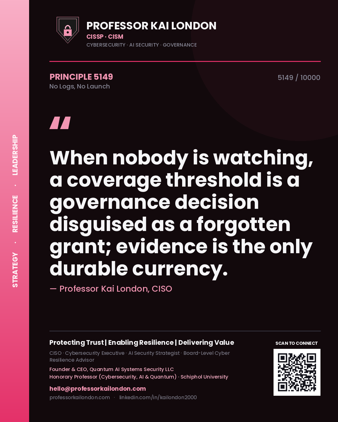 Quote card by Professor Kai London reading 'When nobody is watching, a coverage threshold is a governance decision disguised as a forgotten grant; evidence is the only durable currency.'. From the book No Logs, No Launch.