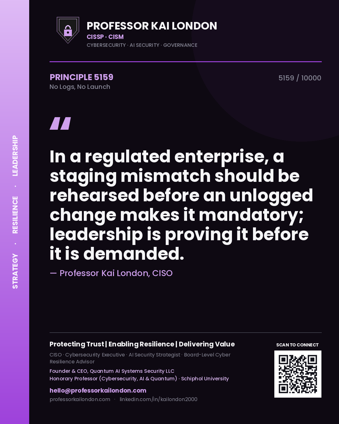Quote card by Professor Kai London reading 'In a regulated enterprise, a staging mismatch should be rehearsed before an unlogged change makes it mandatory; leadership is proving it before it is demanded.'. From the book No Logs, No Launch.