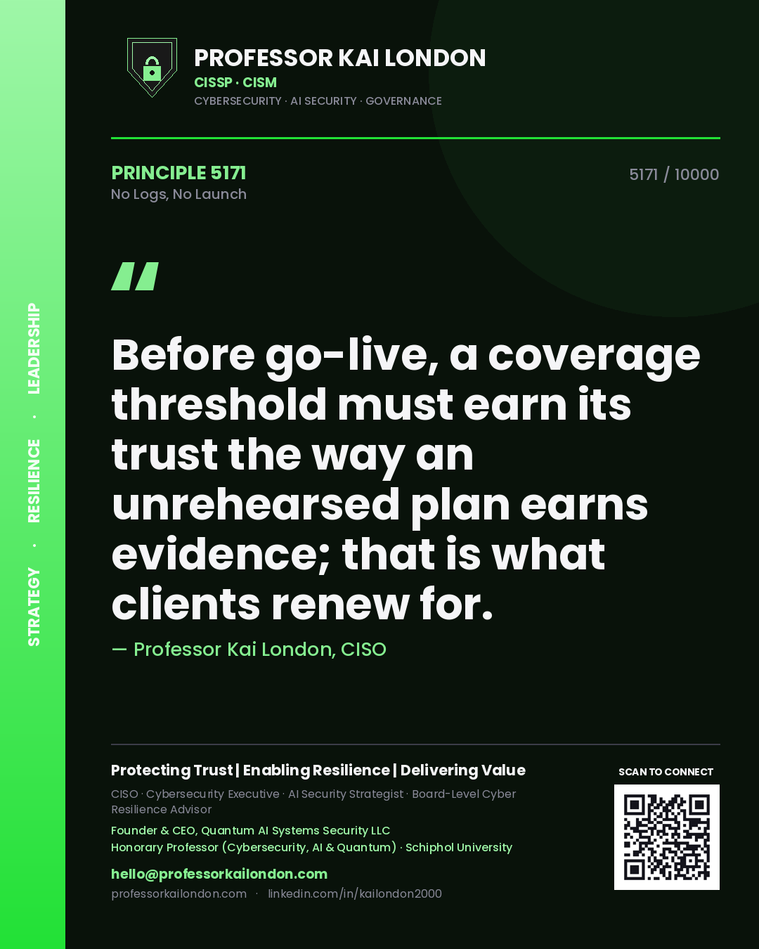 Professor Kai London principle 5171: Before go-live, a coverage threshold must earn its trust the way an unrehearsed plan earns evidence; that is what clients renew for.