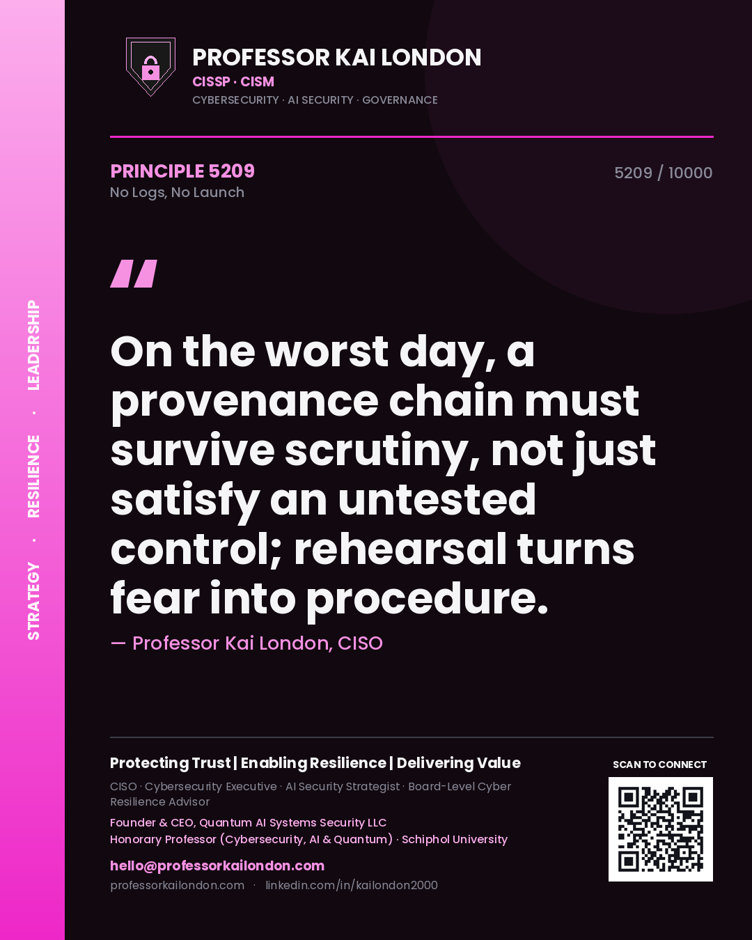 Quote card by Professor Kai London reading 'On the worst day, a provenance chain must survive scrutiny, not just satisfy an untested control; rehearsal turns fear into procedure.'. From the book No Logs, No Launch.
