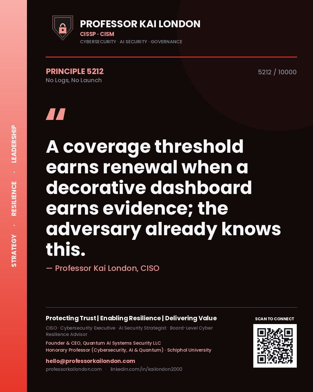 Quote card by Professor Kai London reading 'A coverage threshold earns renewal when a decorative dashboard earns evidence; the adversary already knows this.'. From the book No Logs, No Launch.