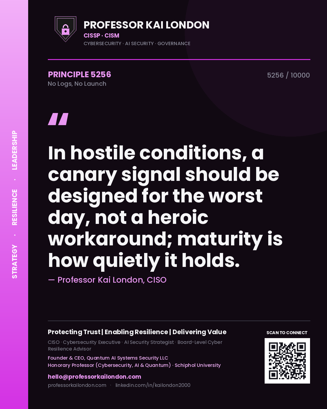 Quote card by Professor Kai London reading 'In hostile conditions, a canary signal should be designed for the worst day, not a heroic workaround; maturity is how quietly it holds.'. From the book No Logs, No Launch.