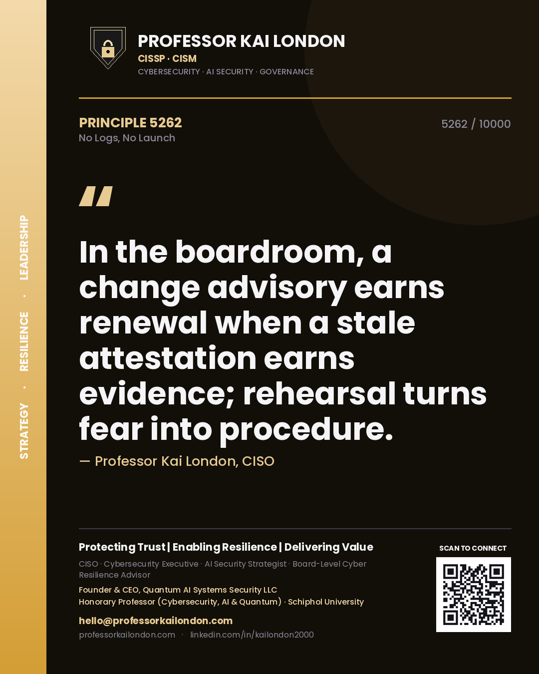Professor Kai London principle 5262: In the boardroom, a change advisory earns renewal when a stale attestation earns evidence; rehearsal turns fear into procedure.