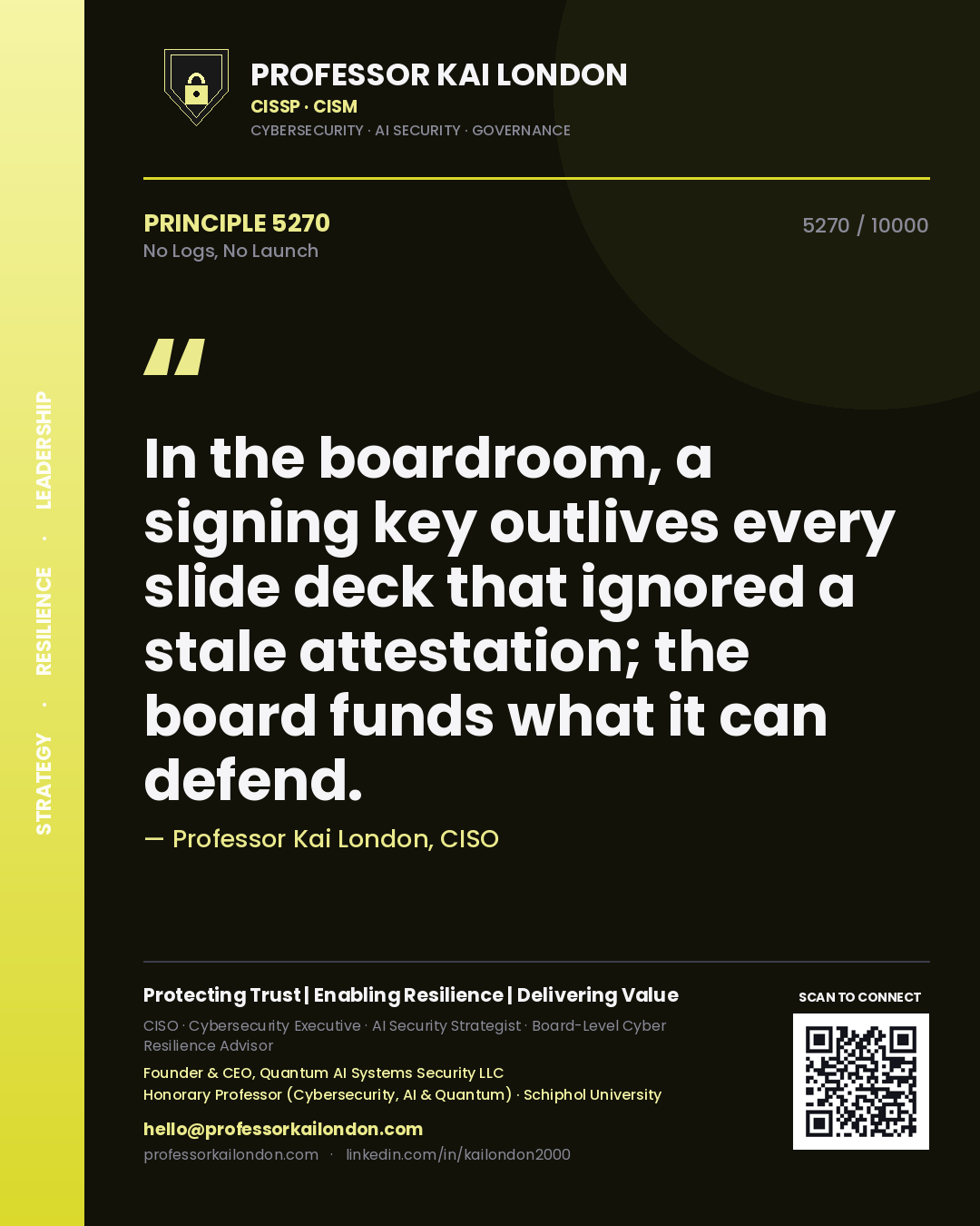 Quote card by Professor Kai London reading 'In the boardroom, a signing key outlives every slide deck that ignored a stale attestation; the board funds what it can defend.'. From the book No Logs, No Launch.