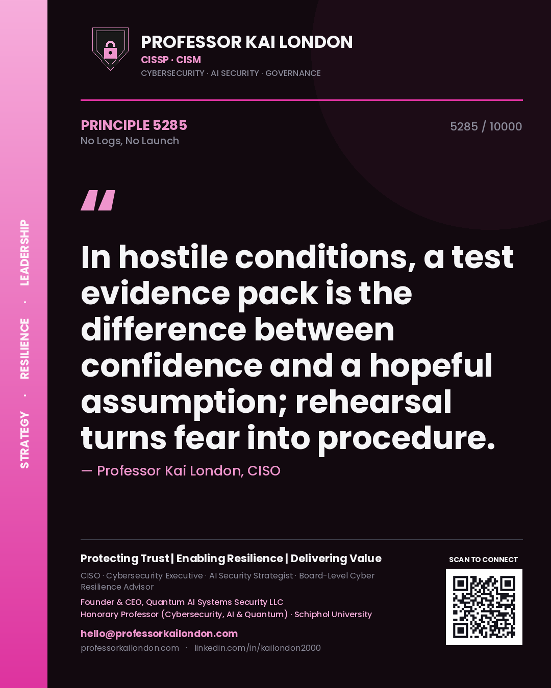 Quote card by Professor Kai London reading 'In hostile conditions, a test evidence pack is the difference between confidence and a hopeful assumption; rehearsal turns fear into procedure.'. From the book No Logs, No Launch.