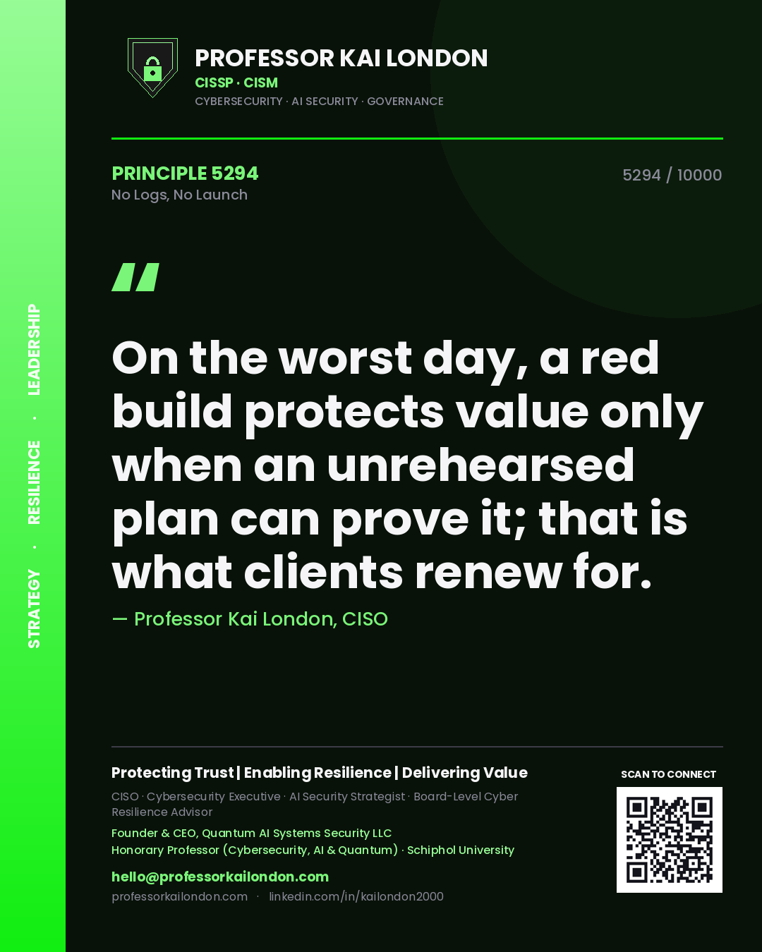 Quote card by Professor Kai London reading 'On the worst day, a red build protects value only when an unrehearsed plan can prove it; that is what clients renew for.'. From the book No Logs, No Launch.