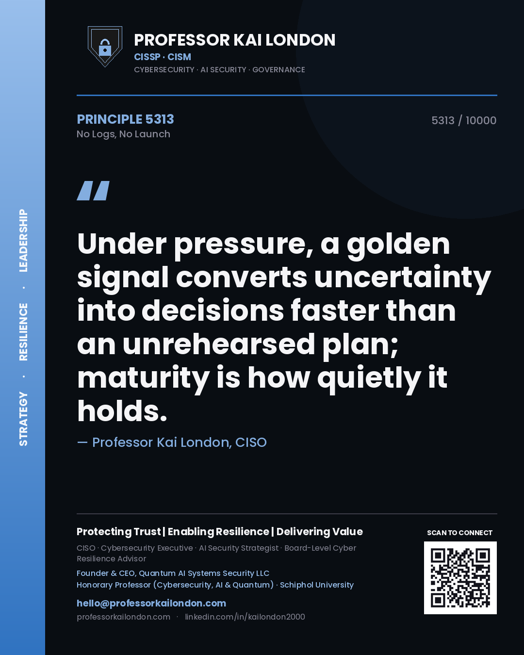 Quote card by Professor Kai London reading 'Under pressure, a golden signal converts uncertainty into decisions faster than an unrehearsed plan; maturity is how quietly it holds.'. From the book No Logs, No Launch.